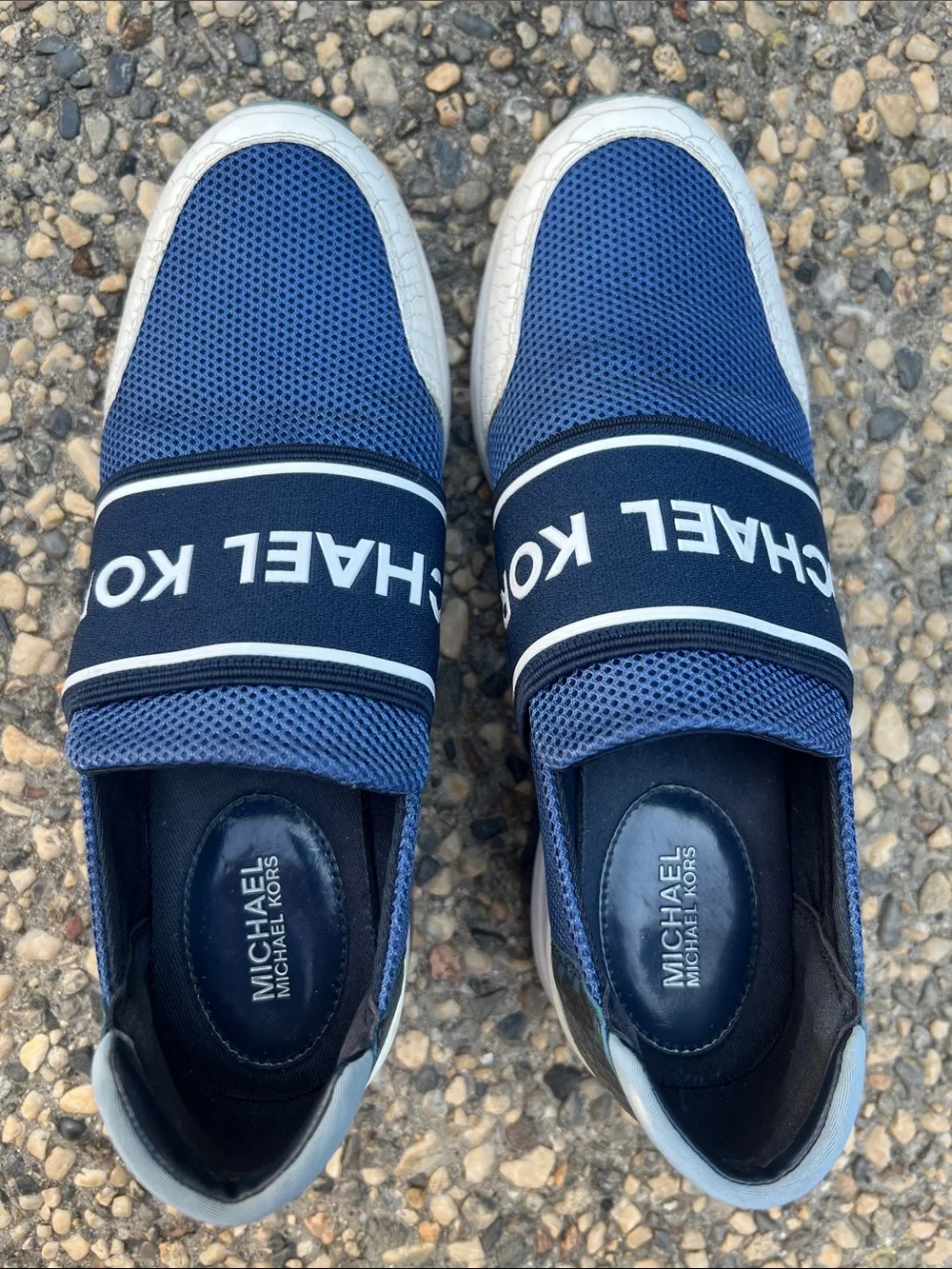 Michael Kors Felix Extreme Blue and White Mesh Slip-On Fashion Sneakers